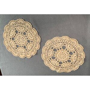 Vintage Hand-Crocheted Beige Doilies Set of 2 - 9.5" Diameter
